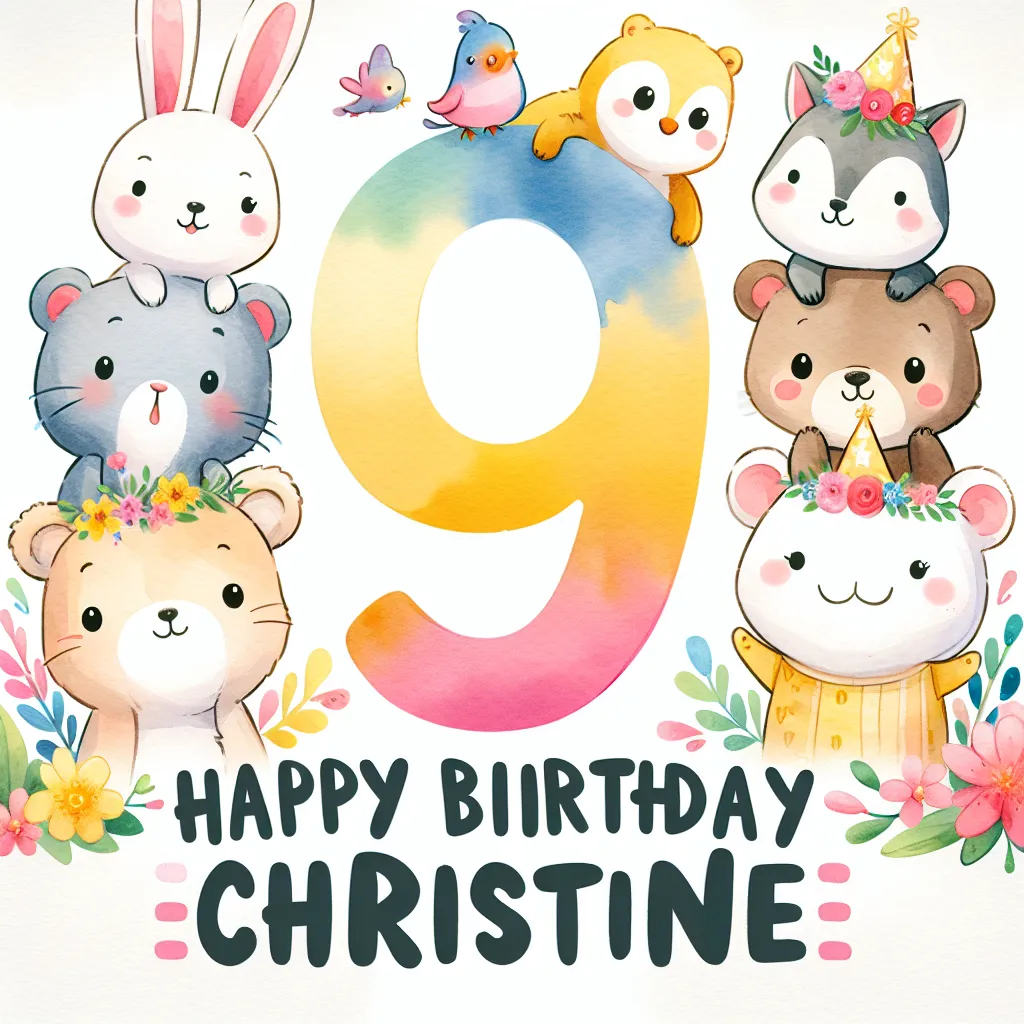 Happy 9th Birthday Christine with Cute Animals Watercolor Style