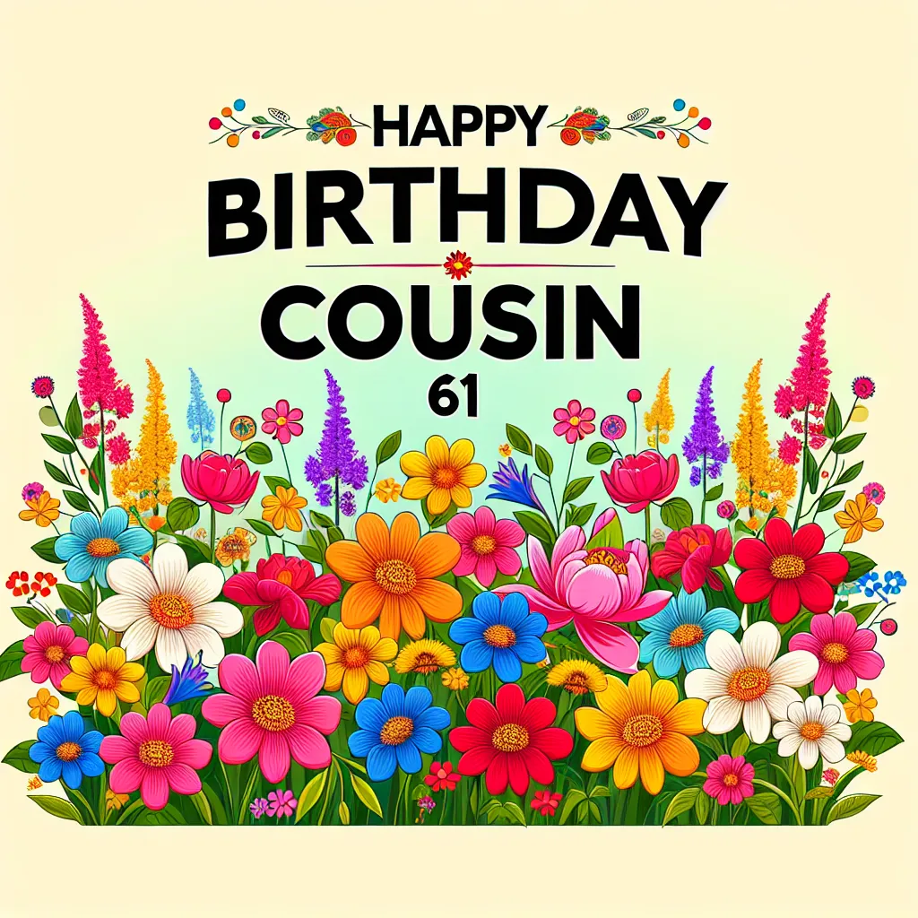 Happy 61st Birthday Cousin with Flowers Illustration Cartoon Style