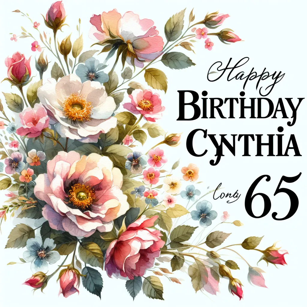 Happy 65th Birthday Cynthia with Flowers Watercolor Style