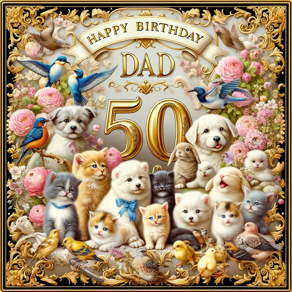 Happy 50th Birthday Dad with Cute Animals Elegant Classic Style