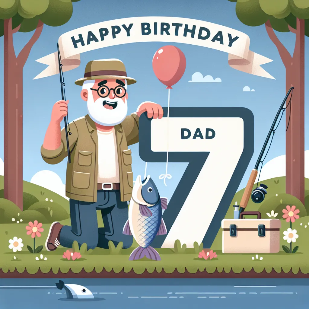 Happy 77th Birthday Dad with Fisherman Illustration Cartoon Style