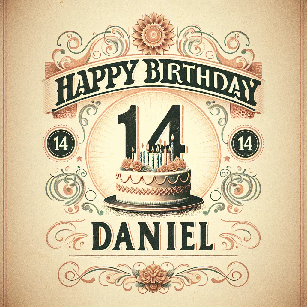 Happy 14th Birthday Daniel with Cake Vintage Nostalgic Style