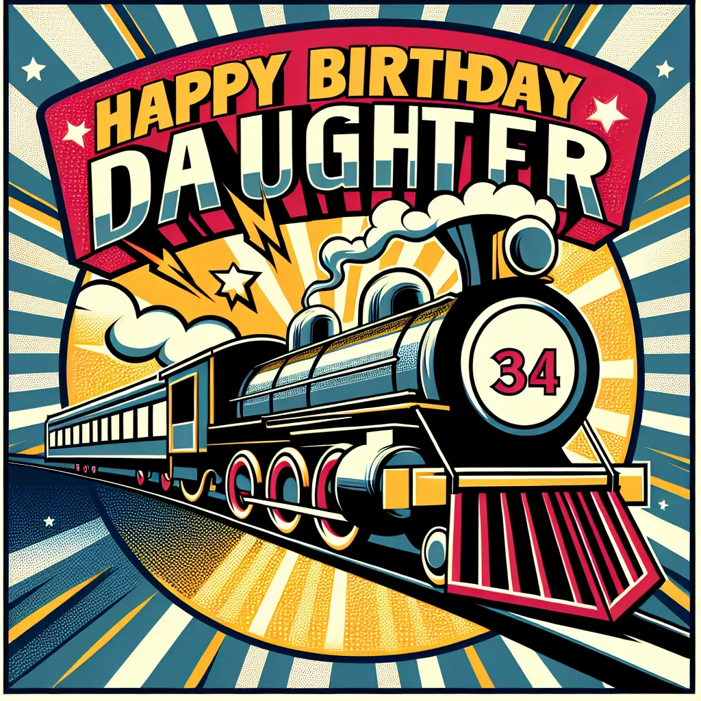 Happy 34th Birthday Daughter with Train Pop Art Style