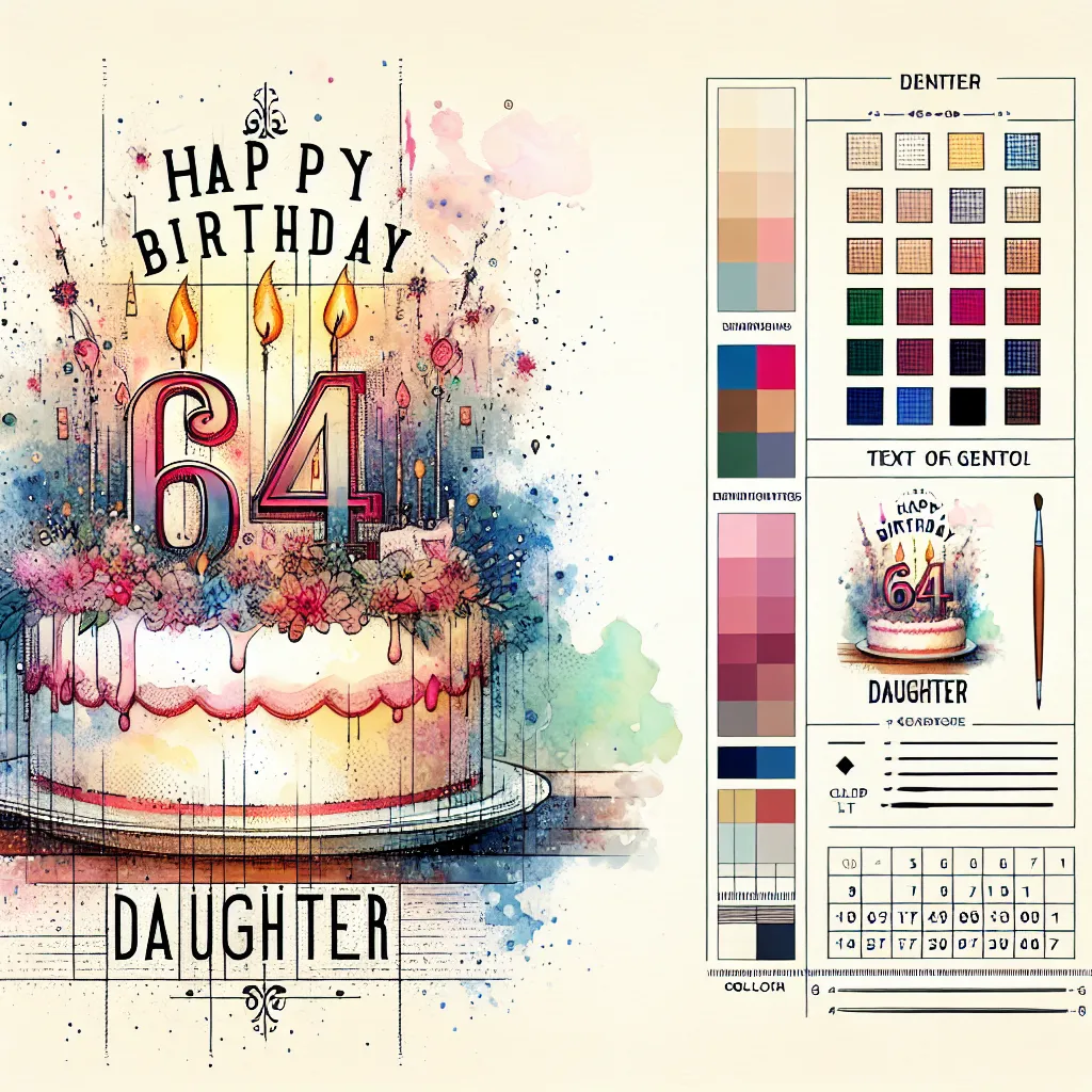 Happy 64th Birthday Daughter with Cake Watercolor Style