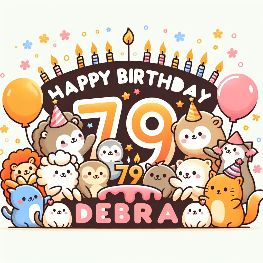 Happy 79th Birthday Debra with Cute Animals Illustration Cartoon Style