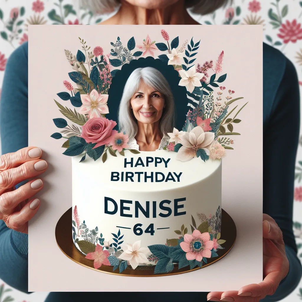 Happy 64th Birthday Denise with Cake Nature Floral Style