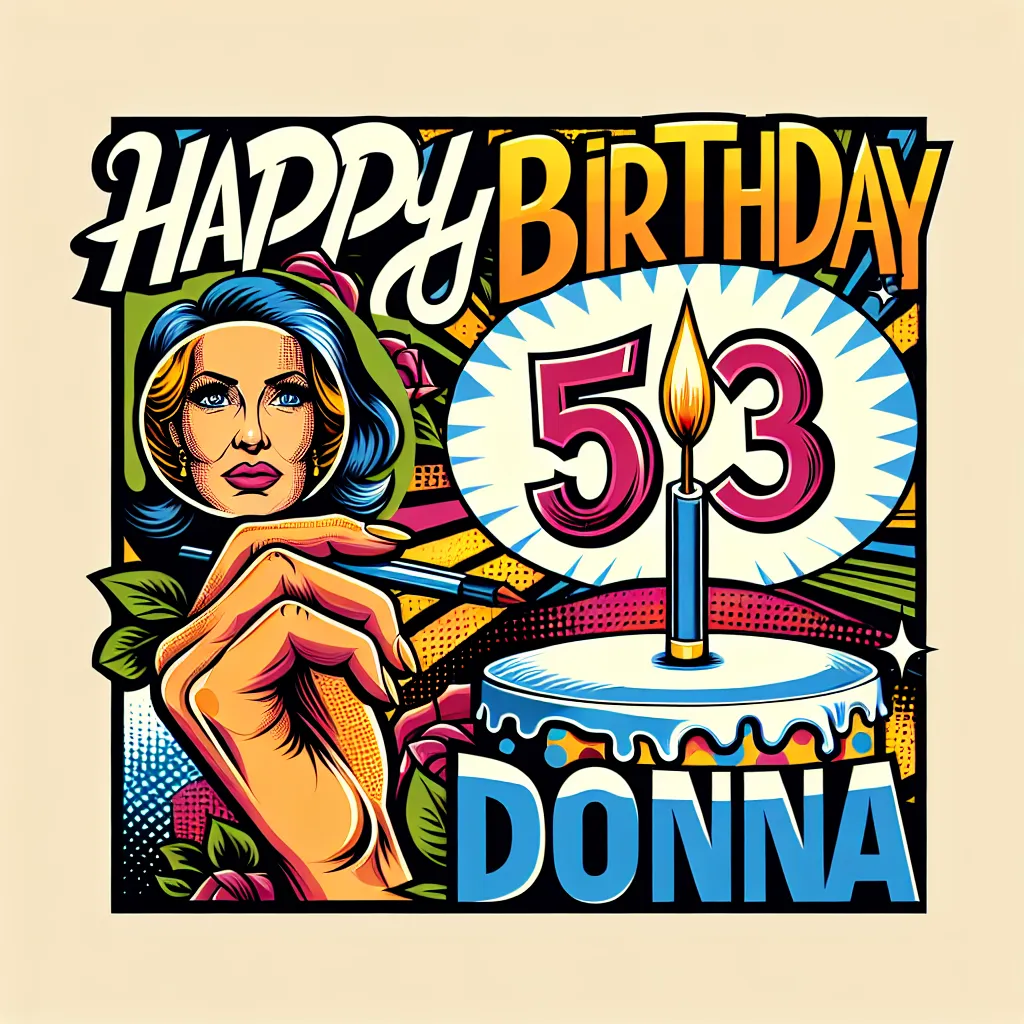 Happy 53rd Birthday Donna with Candle Pop Art Style