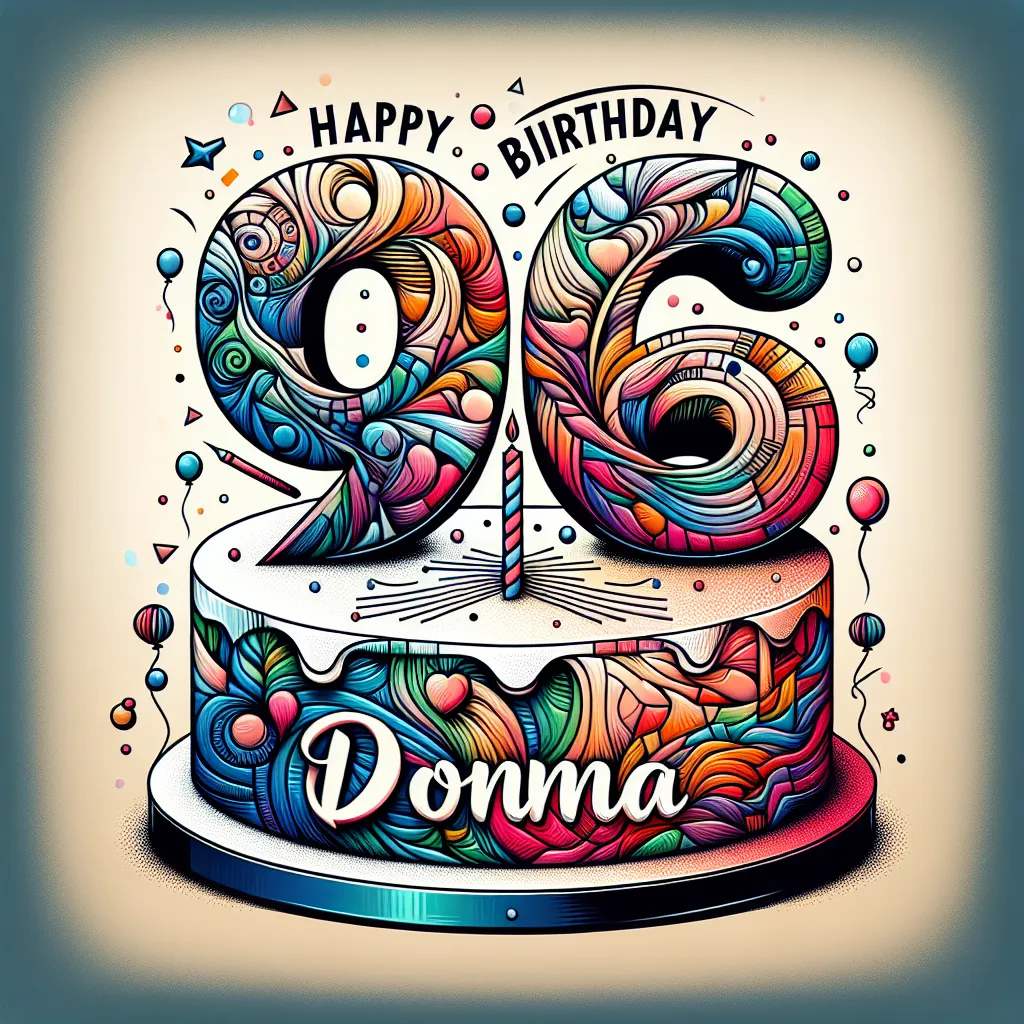 Happy 96th Birthday Donna with Cake Abstract Art Style
