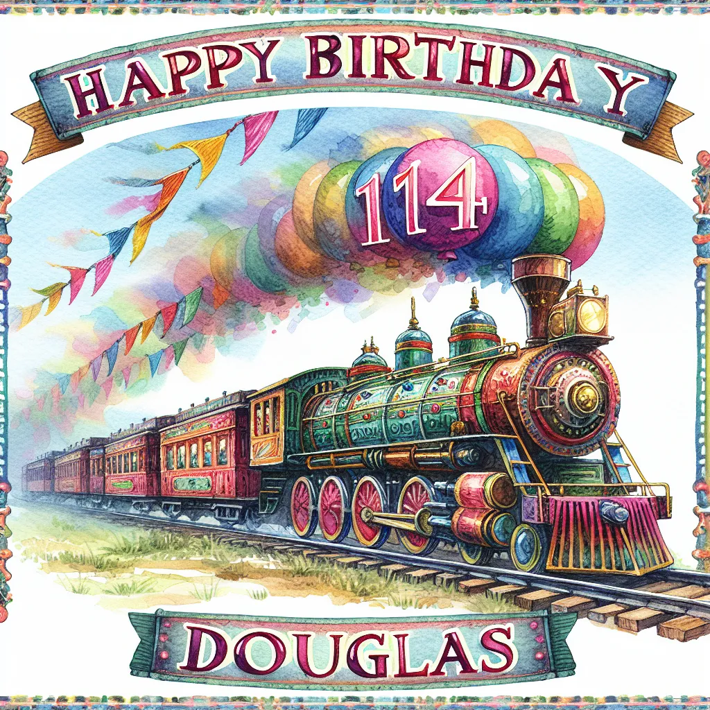 Happy 14th Birthday Douglas with Train Watercolor Style