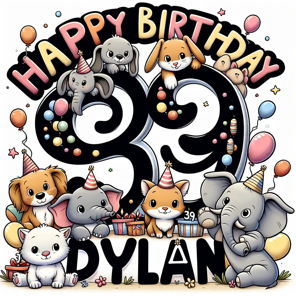 Happy 39th Birthday Dylan with Cute Animals Illustration Cartoon Style