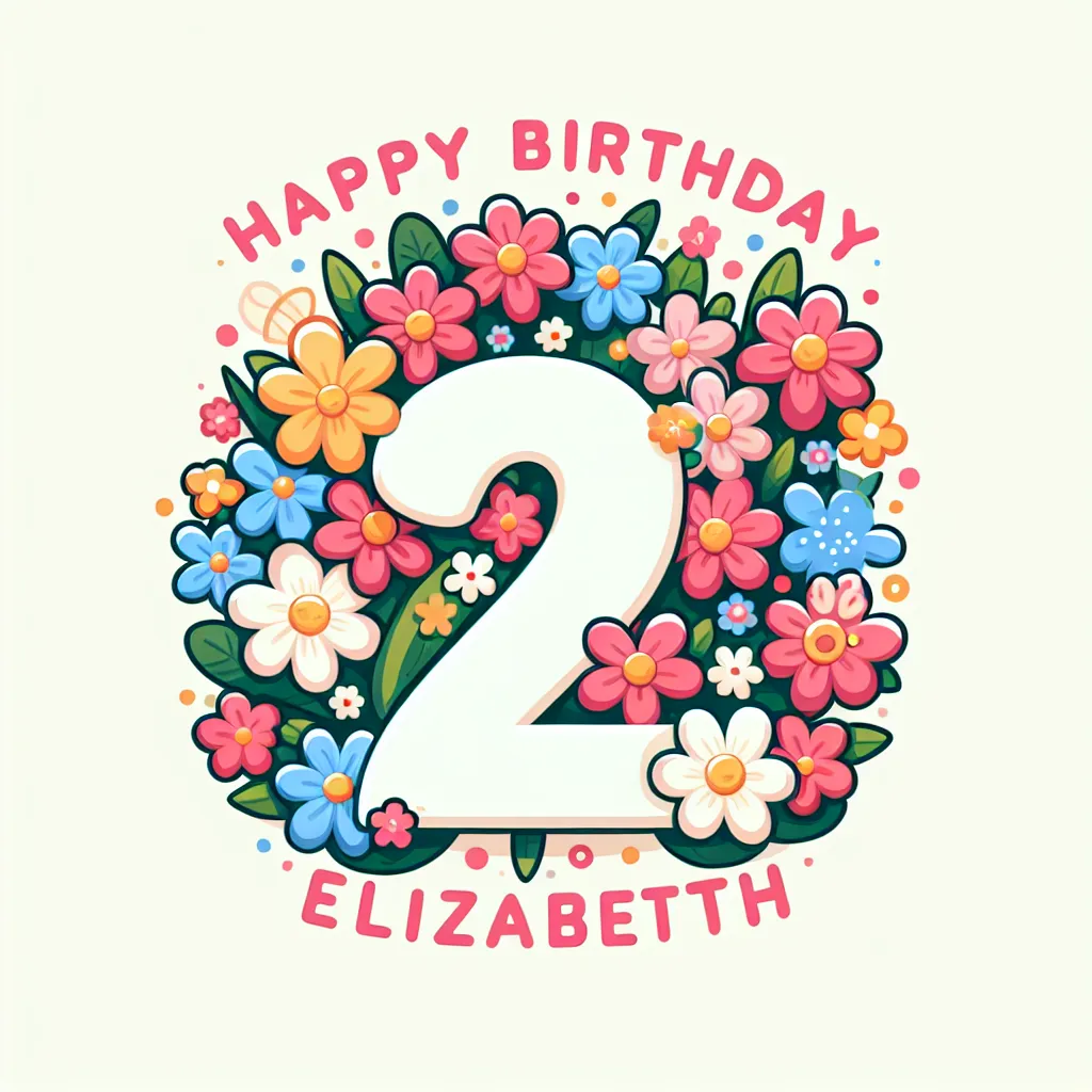 Happy 2nd Birthday Elizabeth with Flowers Illustration Cartoon Style