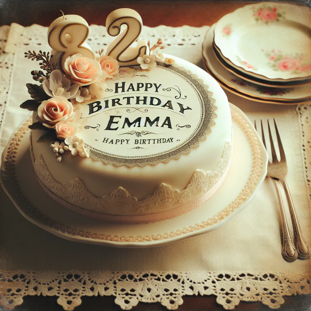 Happy 82nd Birthday Emma with Cake Vintage Nostalgic Style