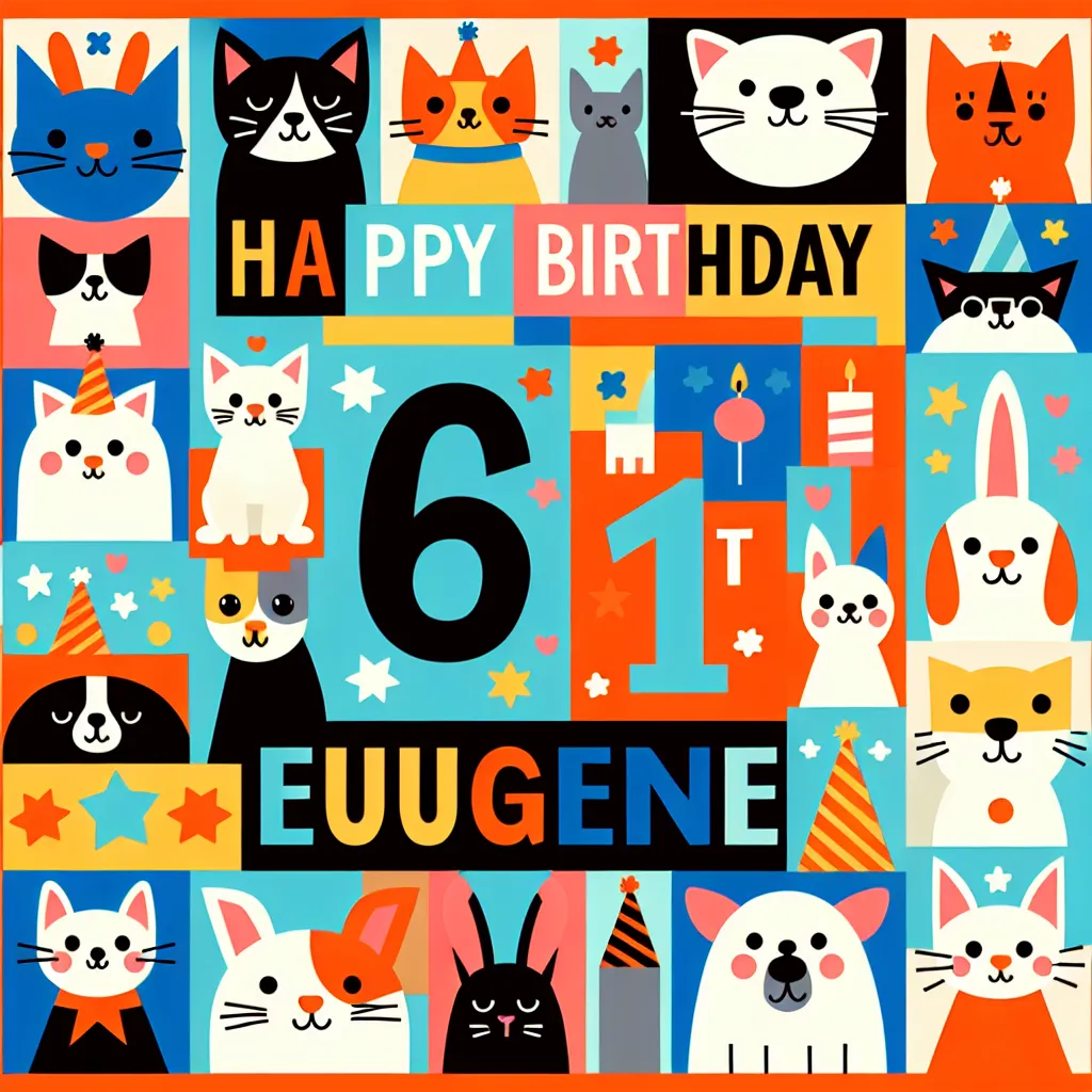 Happy 61st Birthday Eugene with Cute Animals Pop Art Style