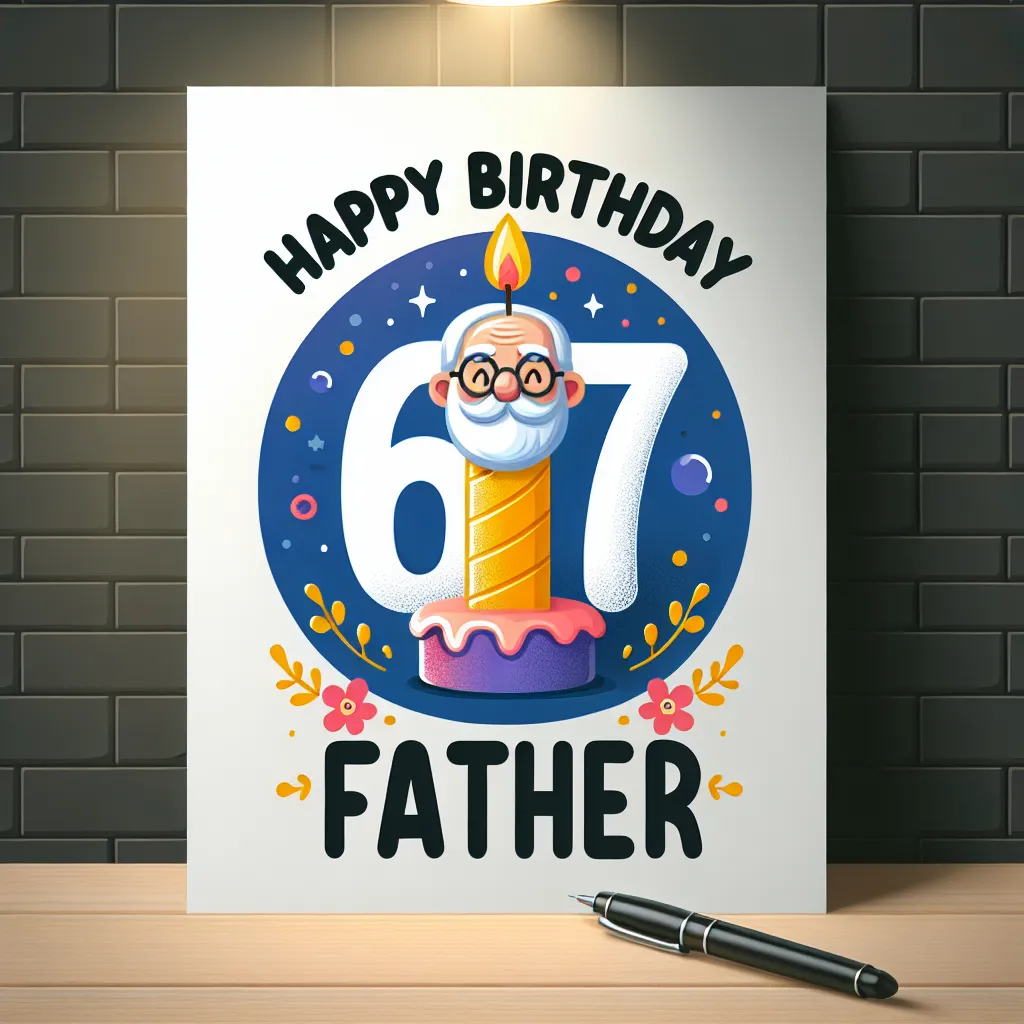 Happy 67th Birthday Father with Candle Illustration Cartoon Style