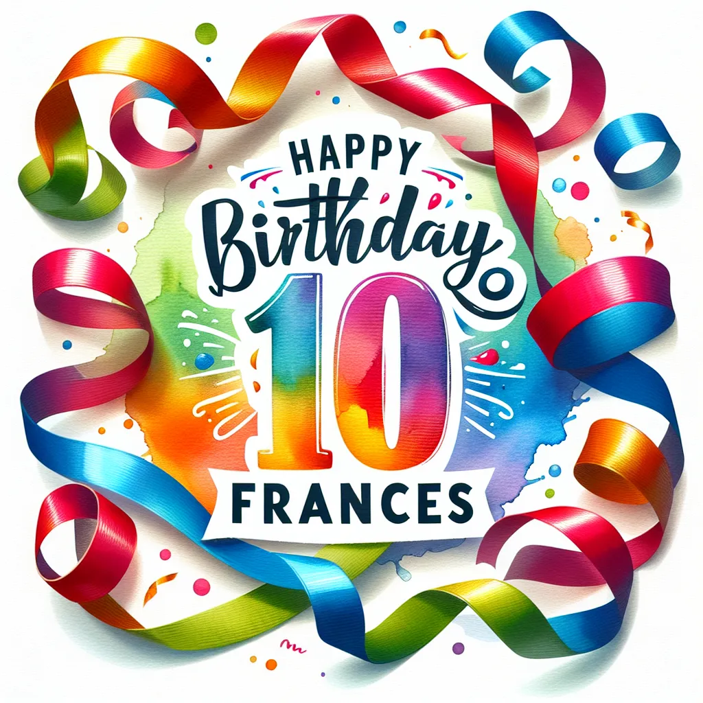 Happy 10th Birthday Frances with Ribbon Watercolor Style