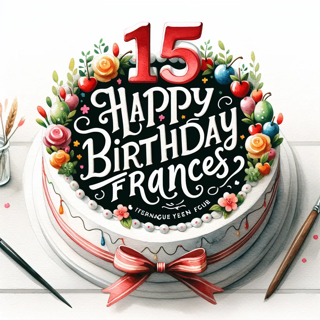 Happy 15th Birthday Frances with Cake Watercolor Style