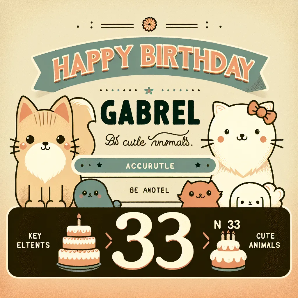 Happy 33rd Birthday Gabriel with Cute Animals Vintage Nostalgic Style