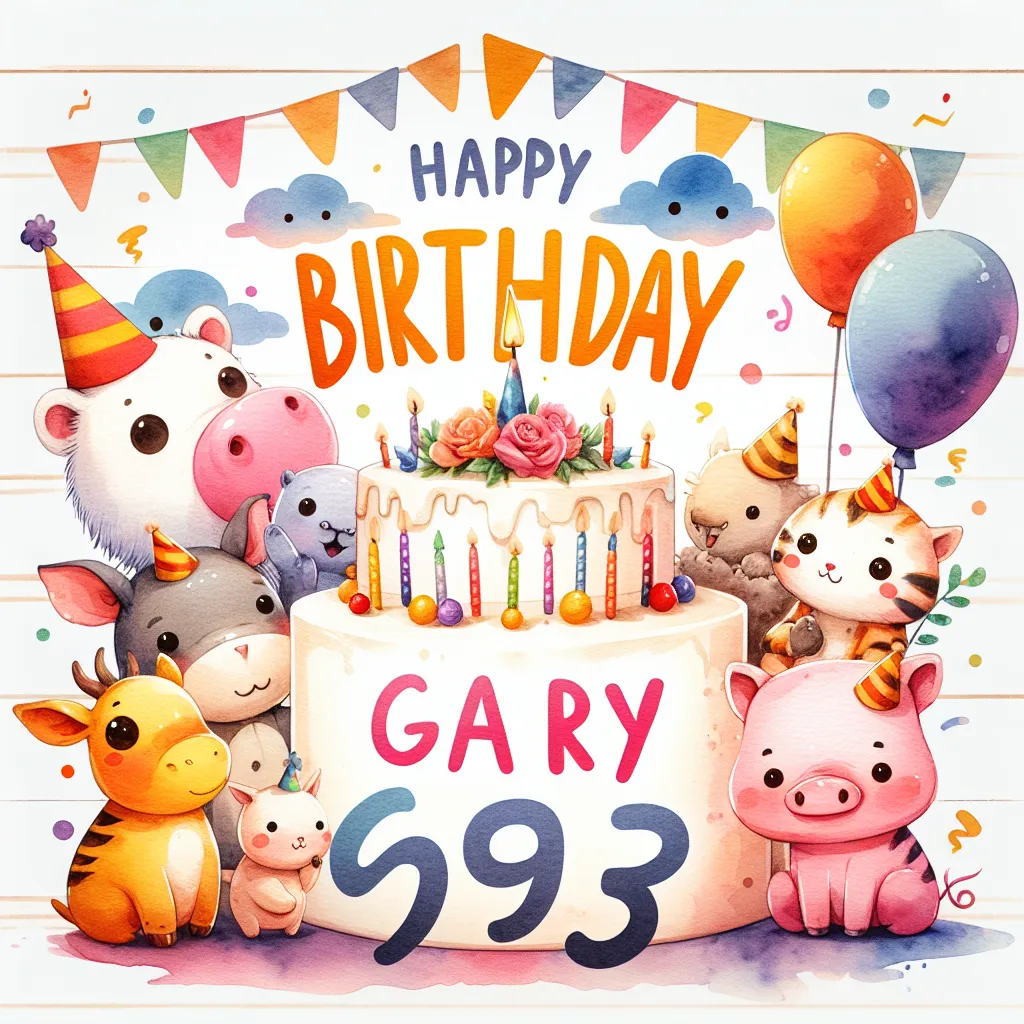 Happy 93rd Birthday Gary with Cute Animals Watercolor Style