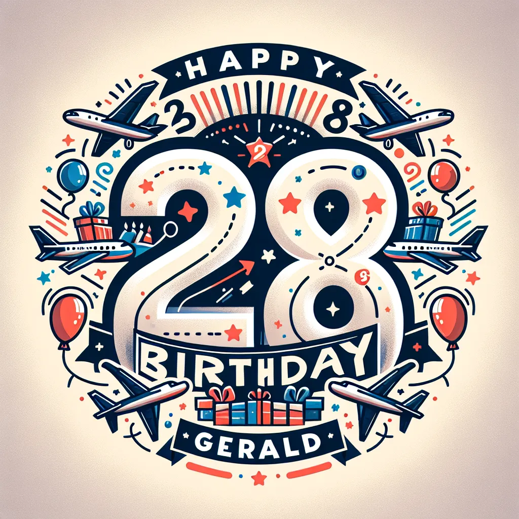 Happy 28th Birthday Gerald with Airplanes Illustration Cartoon Style