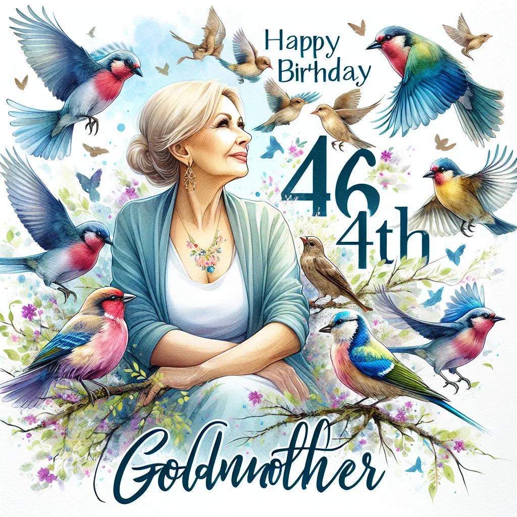 Happy 46th Birthday Godmother with Birds Watercolor Style