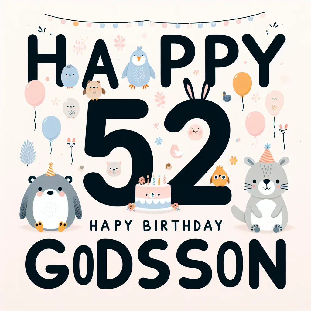 Happy 52nd Birthday Godson with Cute Animals Modern Minimalist Style