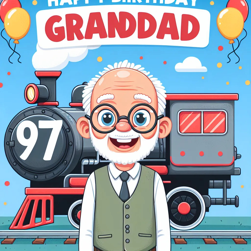 Happy 97th Birthday Granddad with Train Illustration Cartoon Style