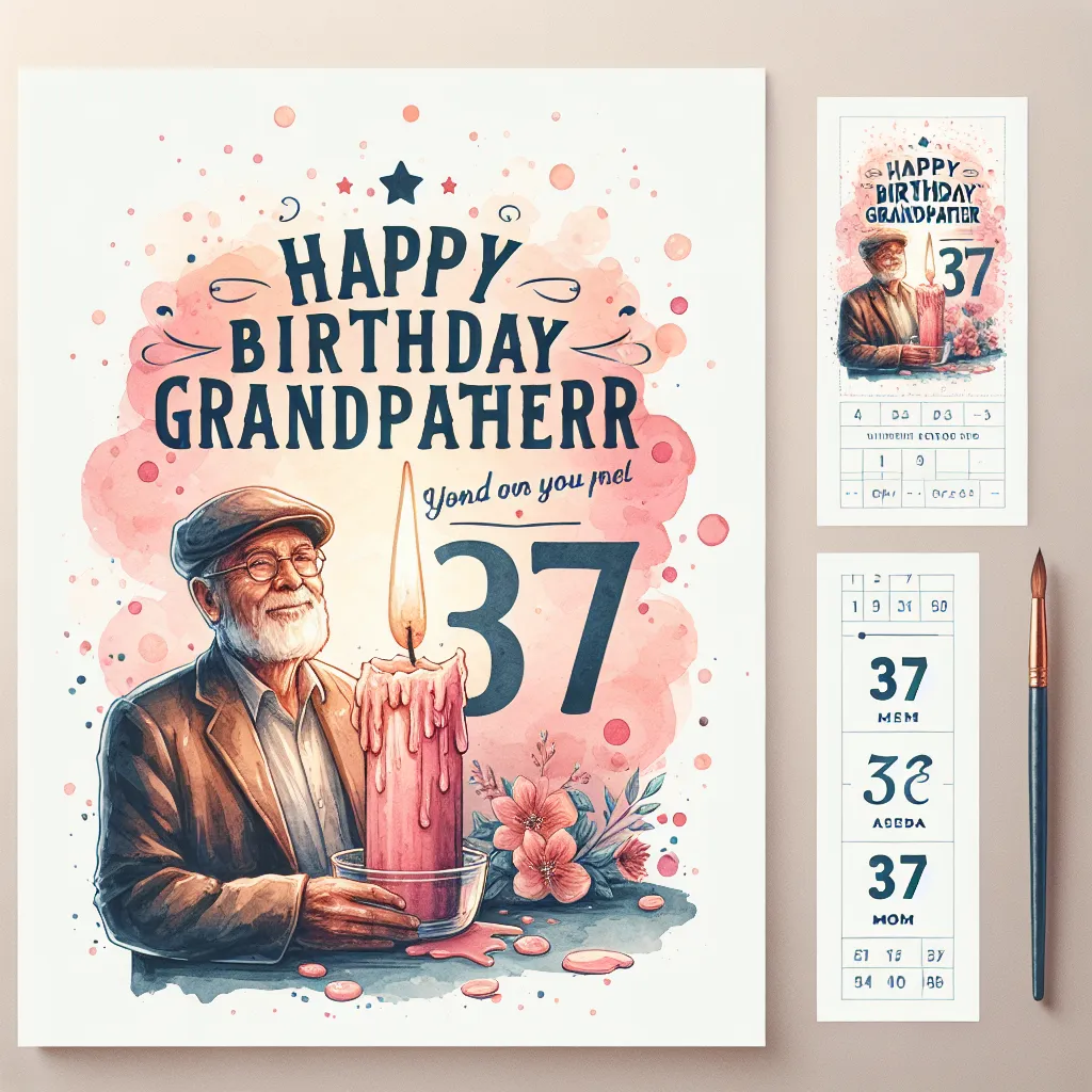 Happy 37th Birthday Grandfather with Candle Watercolor Style