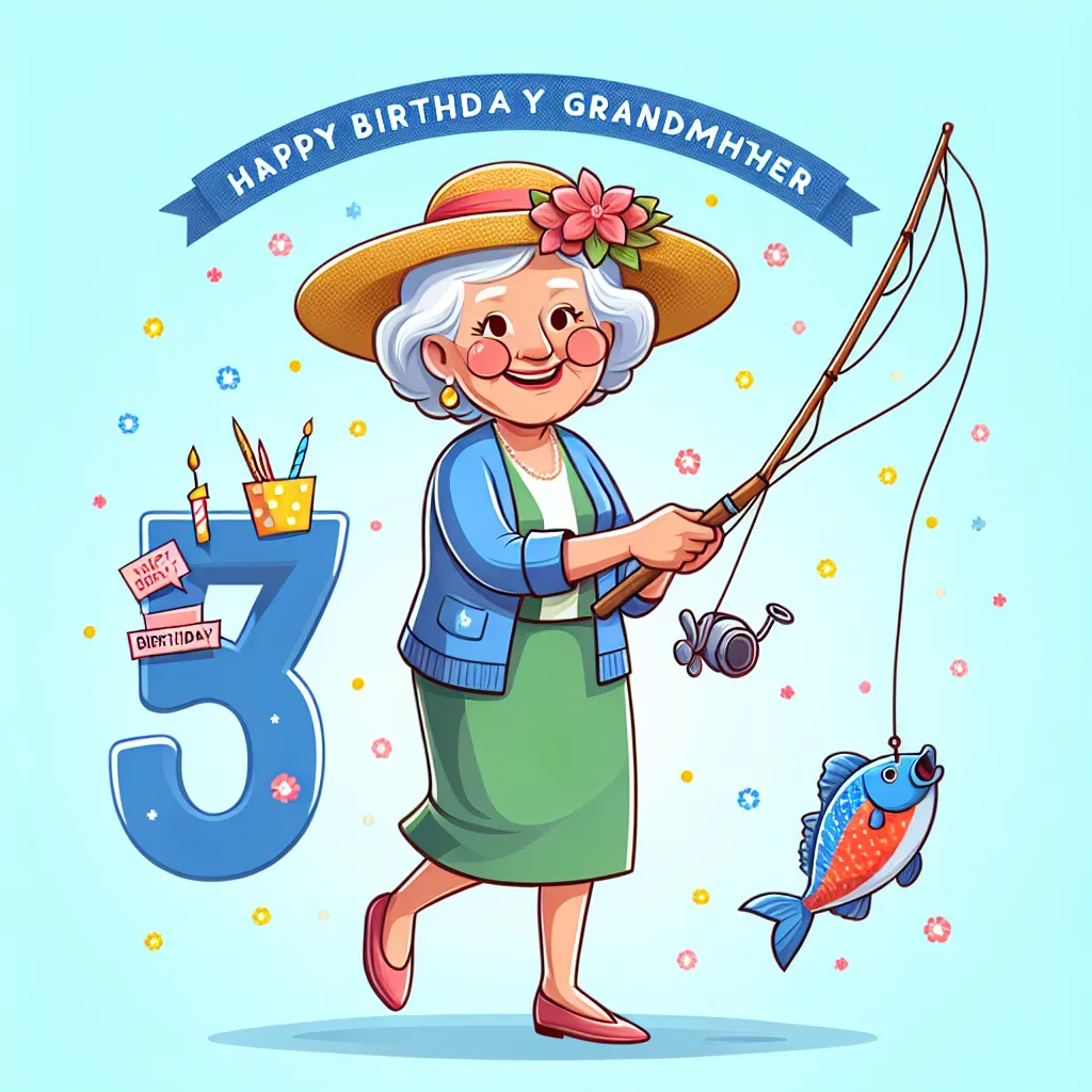 Happy 57th Birthday Grandmother with Fisherman Illustration Cartoon Style