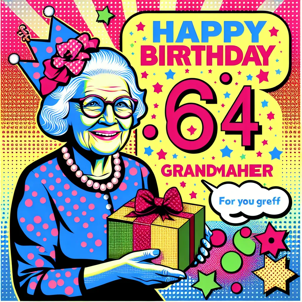 Happy 64th Birthday Grandmother with Gift Pop Art Style