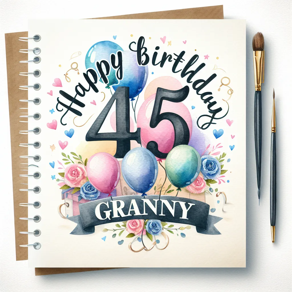 Happy 45th Birthday Granny with Balloon Watercolor Style