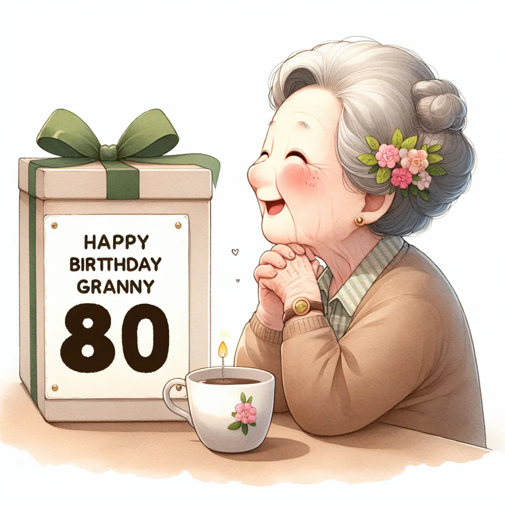 Happy 80th Birthday Granny with Gift Watercolor Style