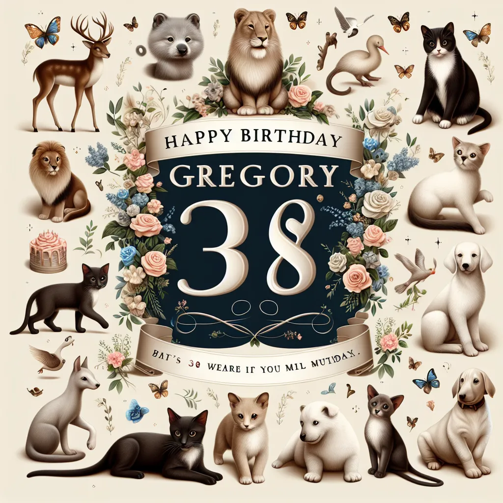 Happy 38th Birthday Gregory with Cute Animals Elegant Classic Style