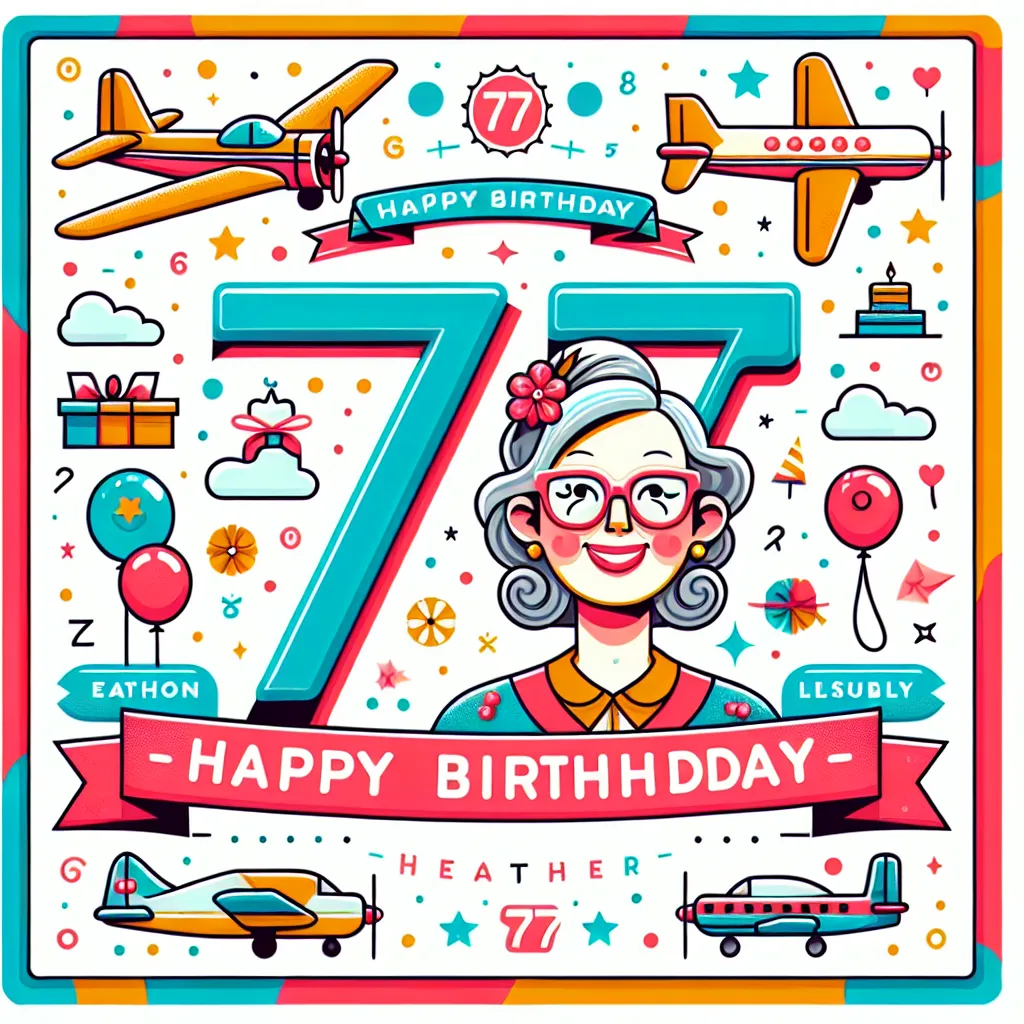 Happy 77th Birthday Heather with Airplanes Illustration Cartoon Style