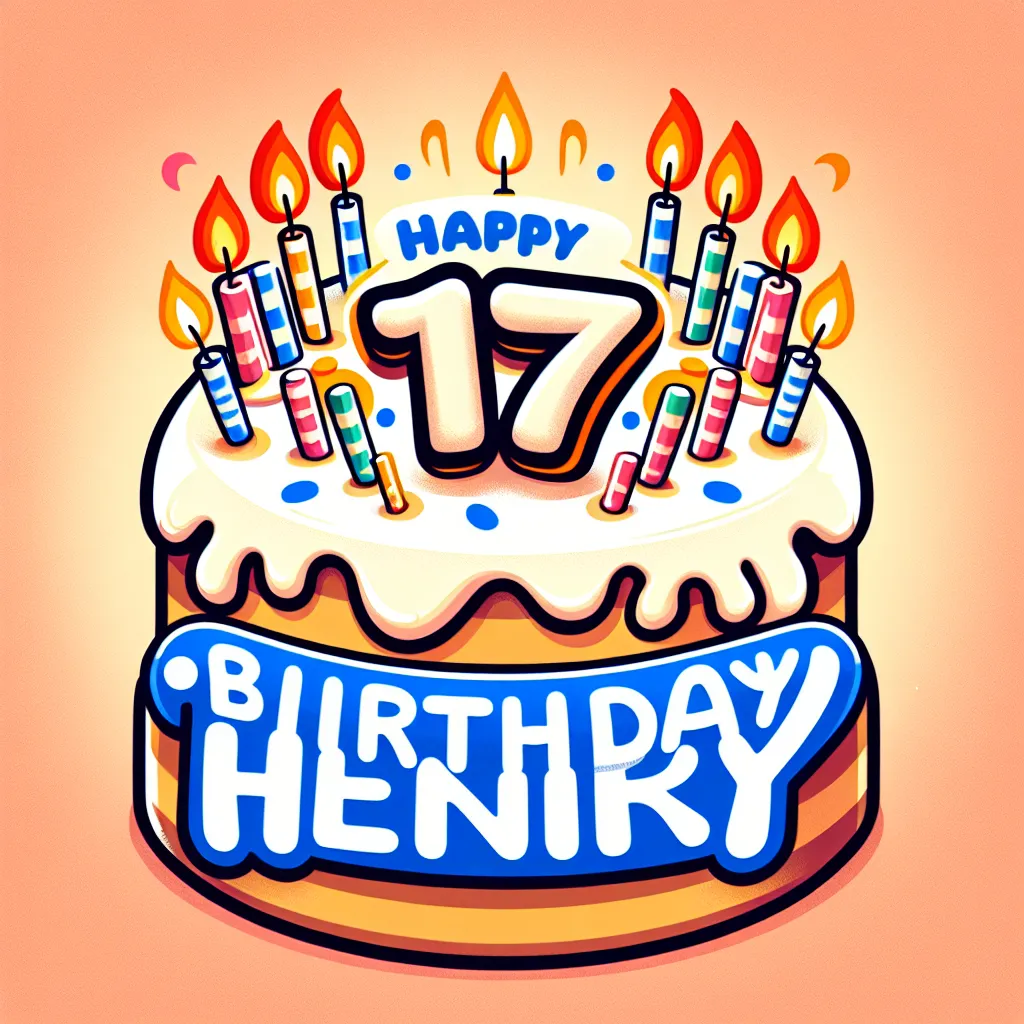 Happy 17th Birthday Henry with Cake Illustration Cartoon Style