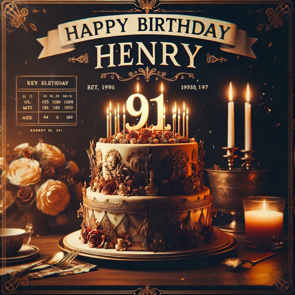 Happy 91st Birthday Henry with Cake Vintage Nostalgic Style