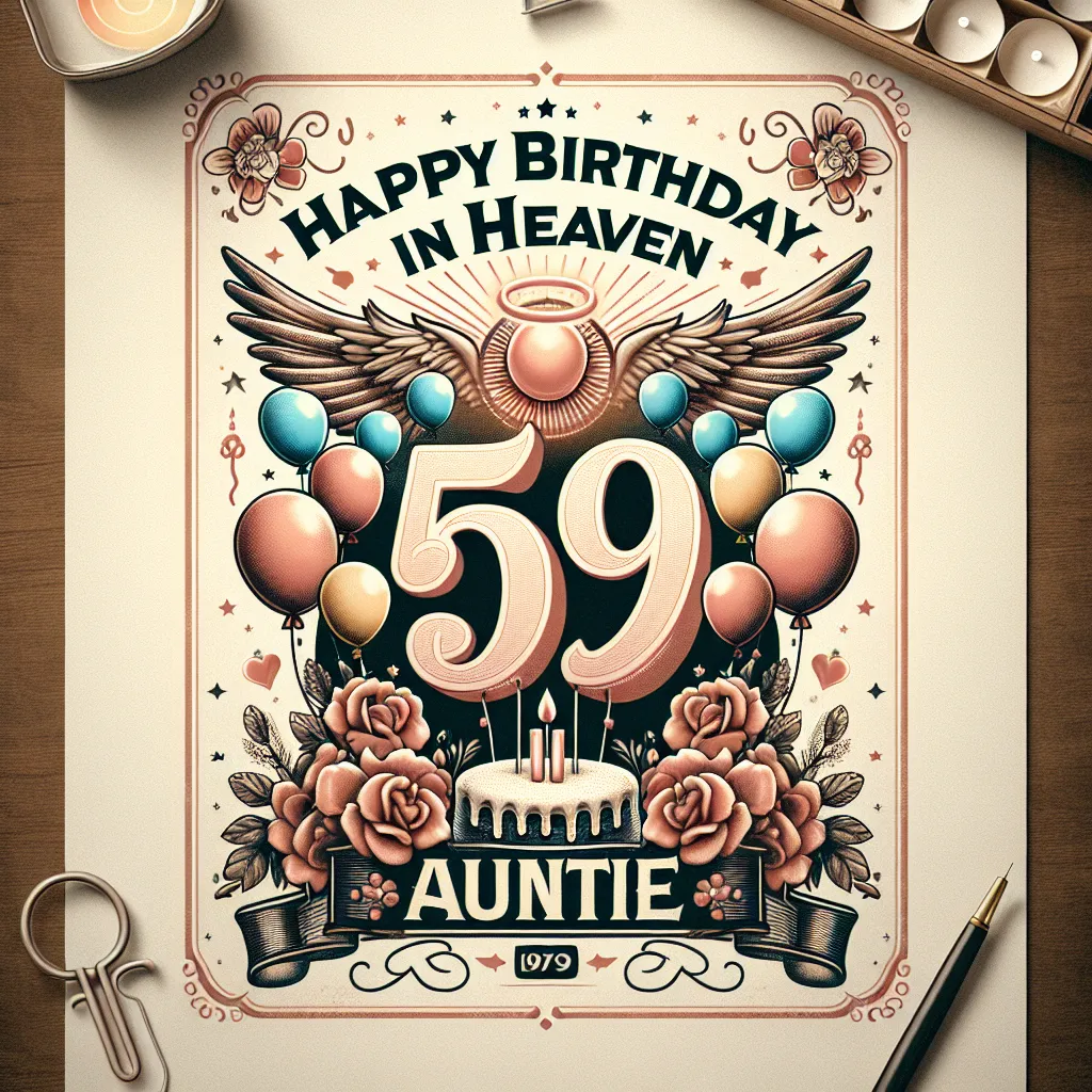 Happy 59th Birthday In Heaven Auntie with Balloon Vintage Nostalgic Style