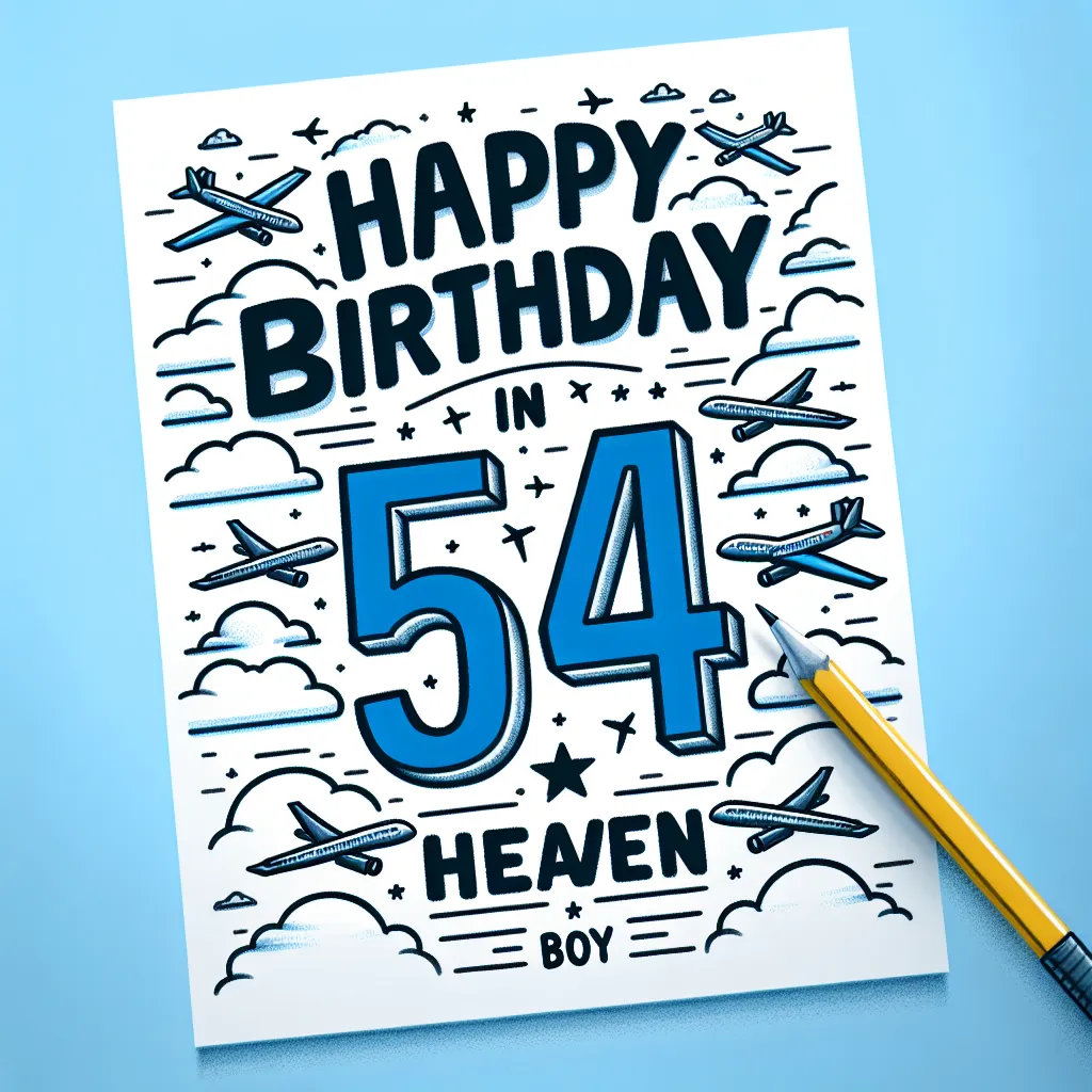 Happy 54th Birthday In Heaven Boy with Airplanes Illustration Cartoon Style