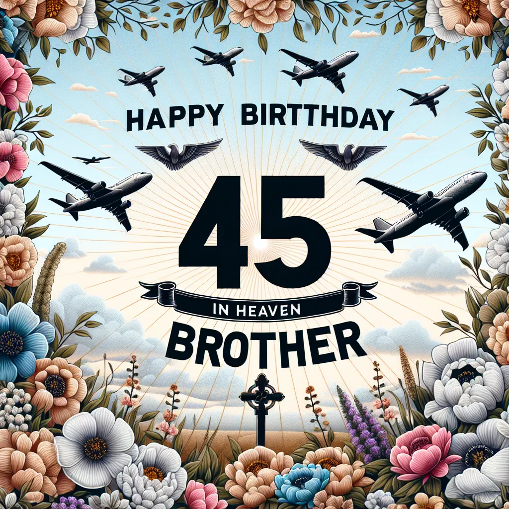 Happy 45th Birthday In Heaven Brother with Airplanes Nature Floral Style