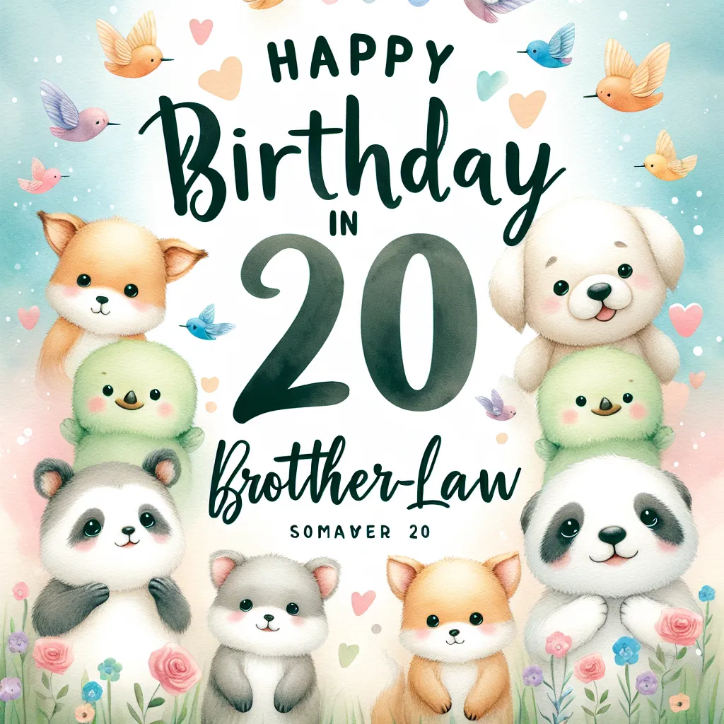 Happy 20th Birthday In Heaven Brother-In-Law with Cute Animals Watercolor Style