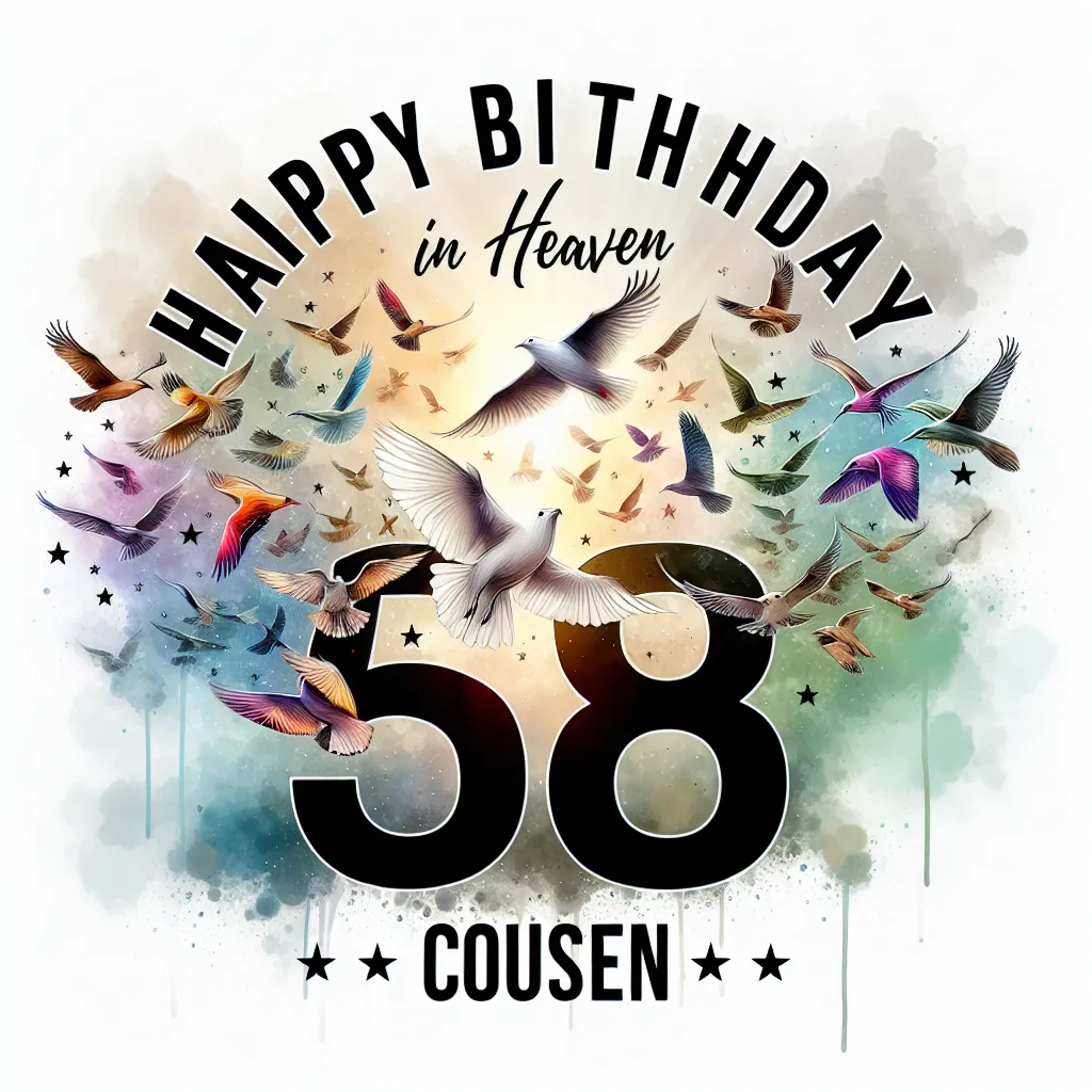 Happy 58th Birthday In Heaven Cousin with Birds Watercolor Style