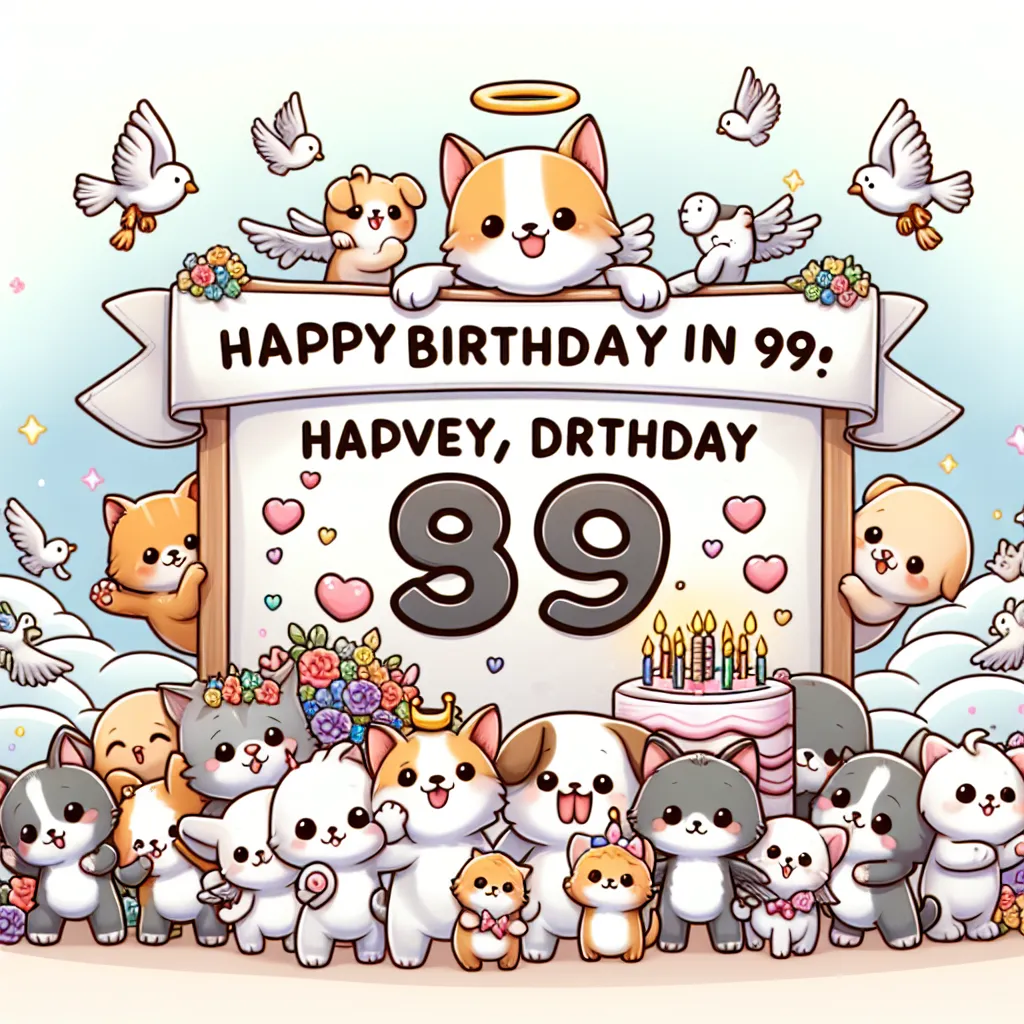 Happy 89th Birthday In Heaven Daddy with Cute Animals Illustration Cartoon Style