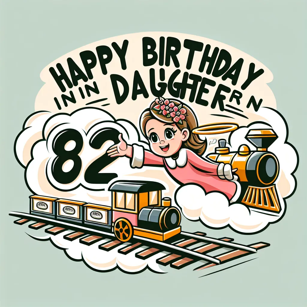 Happy 82nd Birthday In Heaven Daughter with Train Illustration Cartoon Style