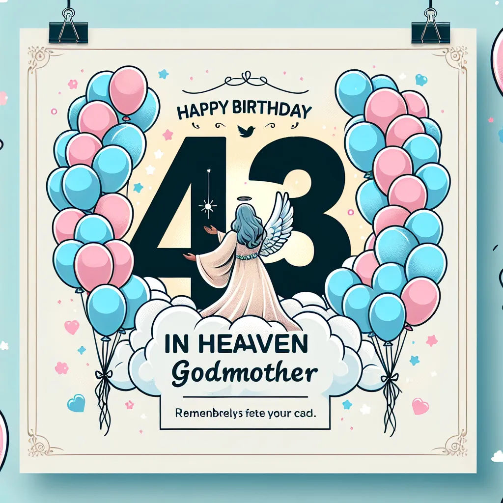 Happy 43rd Birthday In Heaven Godmother with Balloon Illustration Cartoon Style