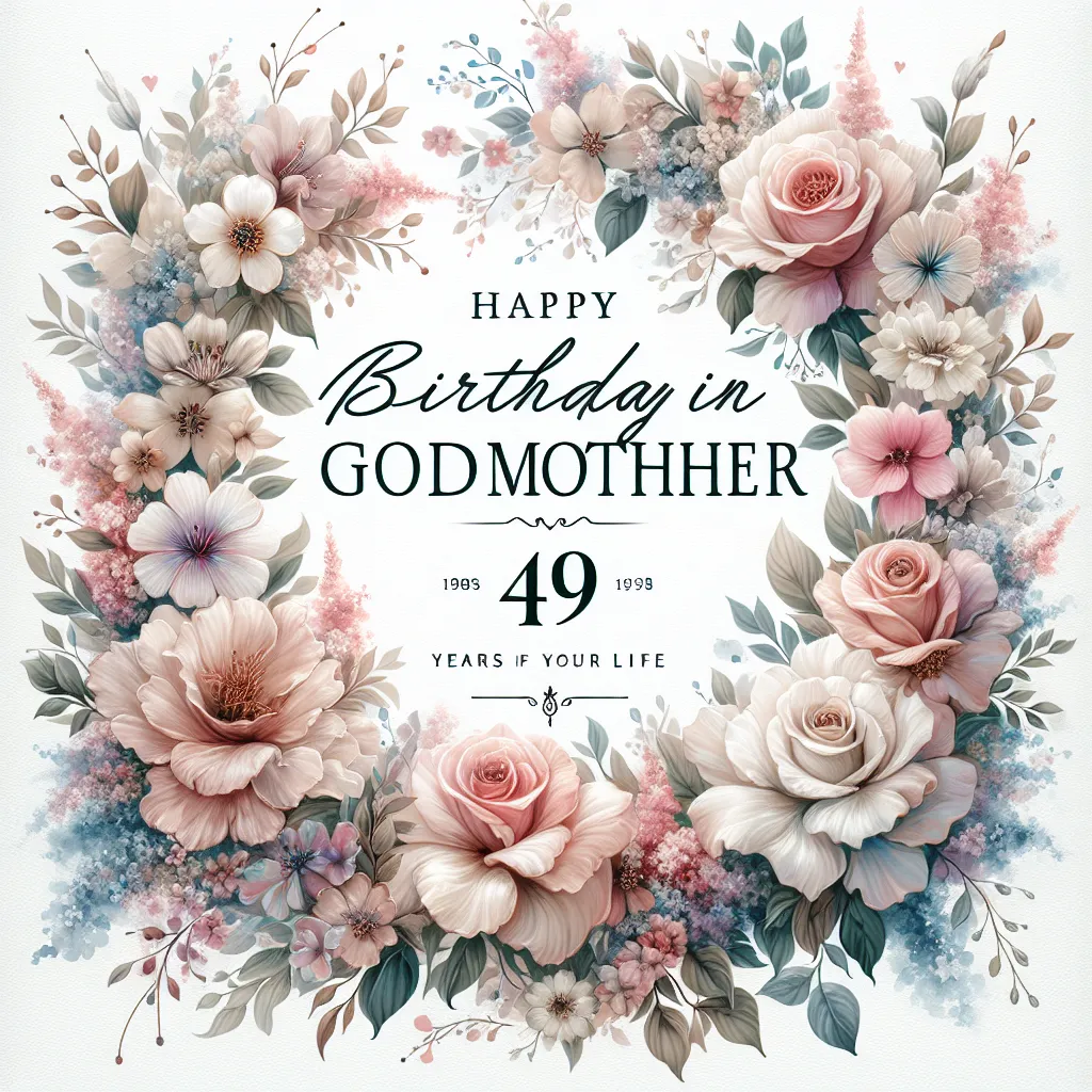 Happy 49th Birthday In Heaven Godmother with Flowers Watercolor Style
