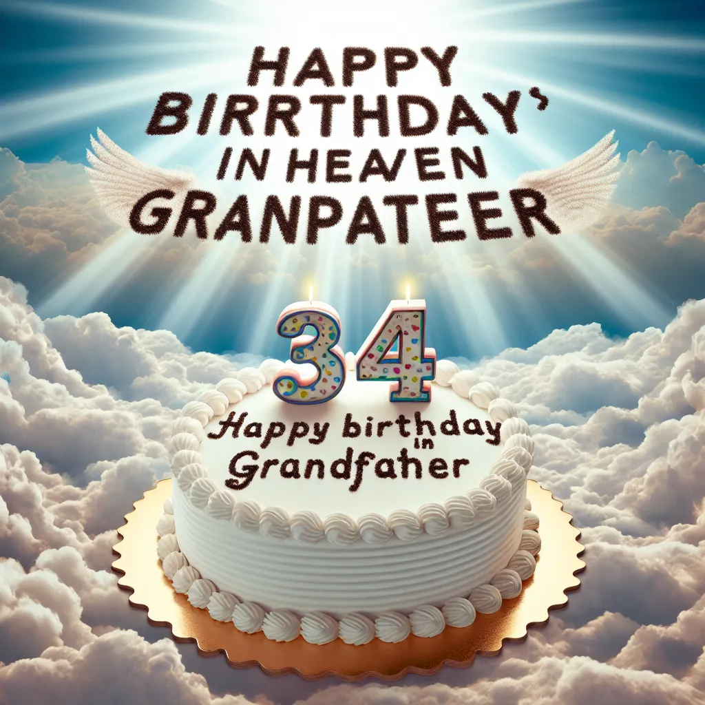 Happy 34th Birthday In Heaven Grandfather with Cake Humorous Funny Style