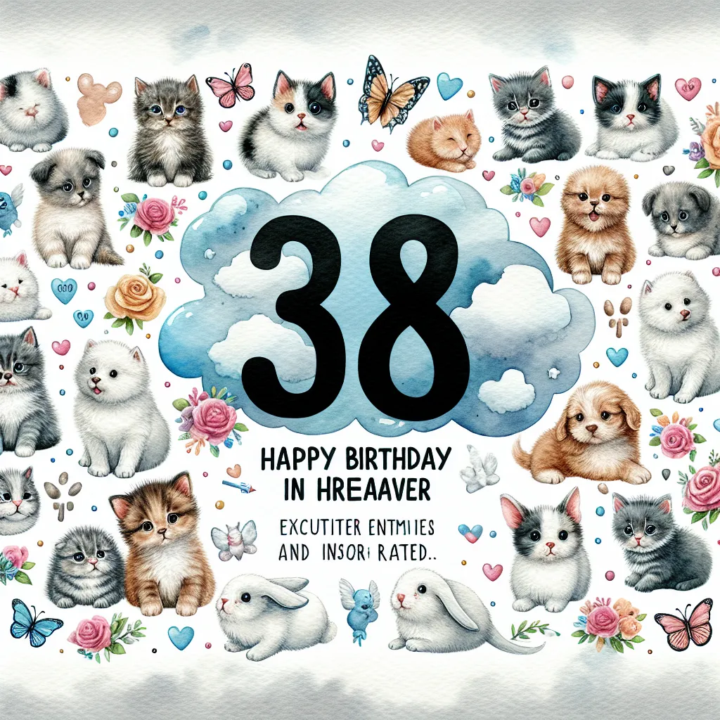 Happy 38th Birthday In Heaven Grandfather with Cute Animals Watercolor Style