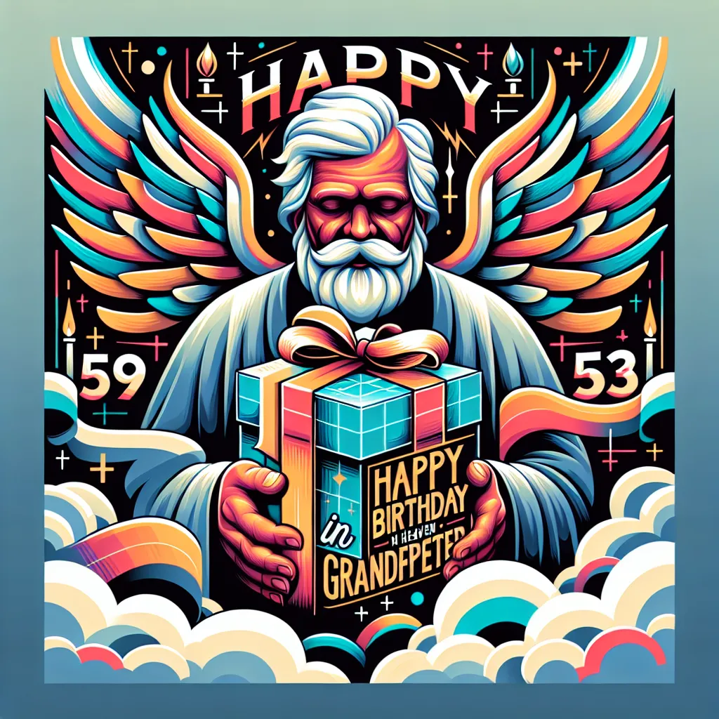 Happy 53rd Birthday In Heaven Grandfather with Gift Pop Art Style