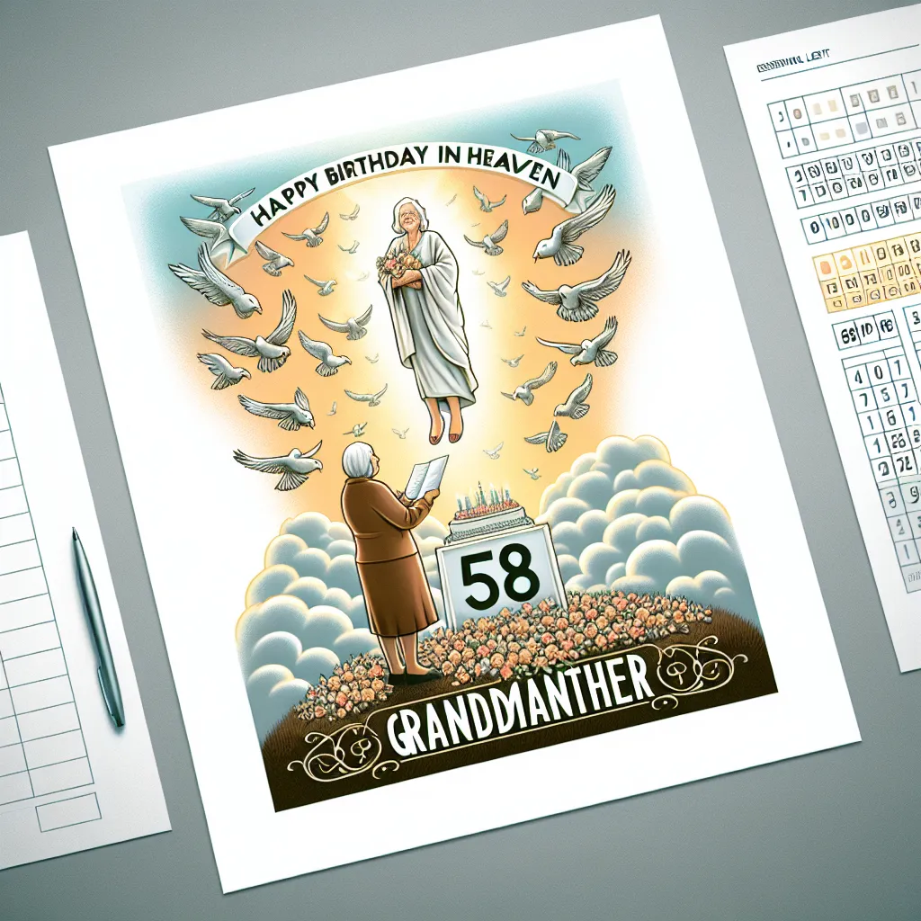 Happy 58th Birthday In Heaven Grandmother with Birds Illustration Cartoon Style