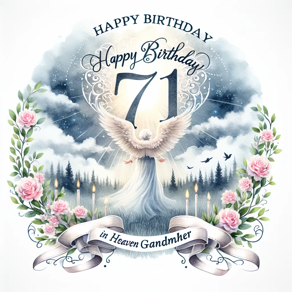 Happy 71st Birthday In Heaven Grandmother with Ribbon Watercolor Style