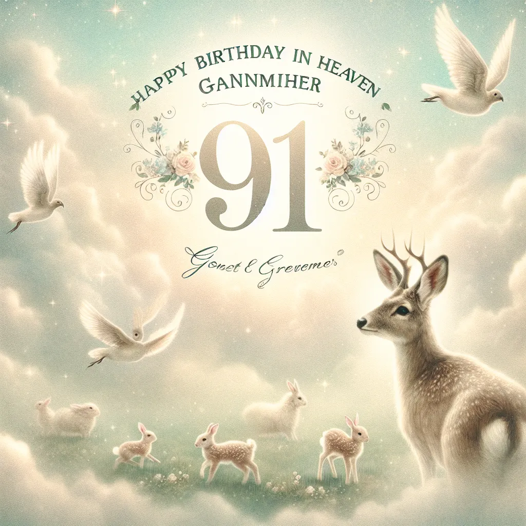 Happy 91st Birthday In Heaven Grandmother with Cute Animals Vintage Nostalgic Style